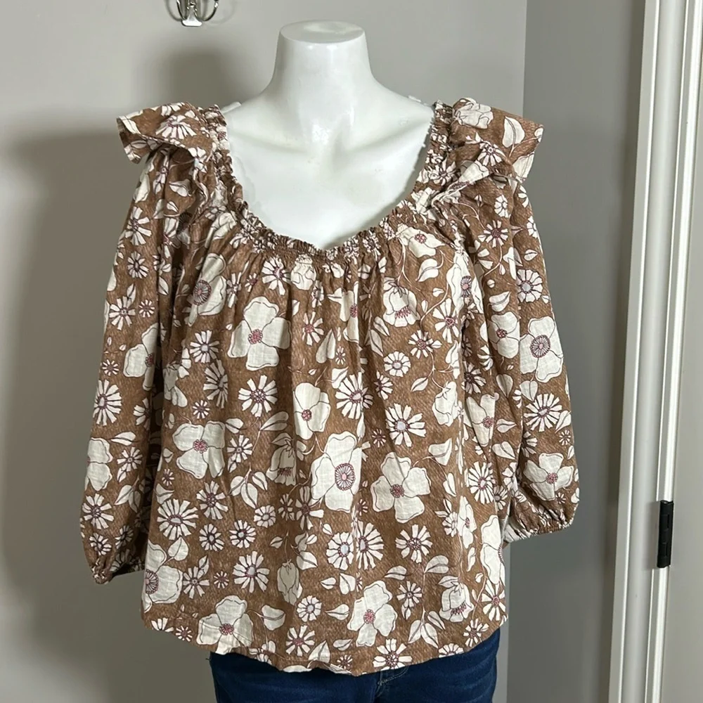 Free People Miss Daisy Floral Printed Top Long Sleeve Off Shoulder Brown Sz L